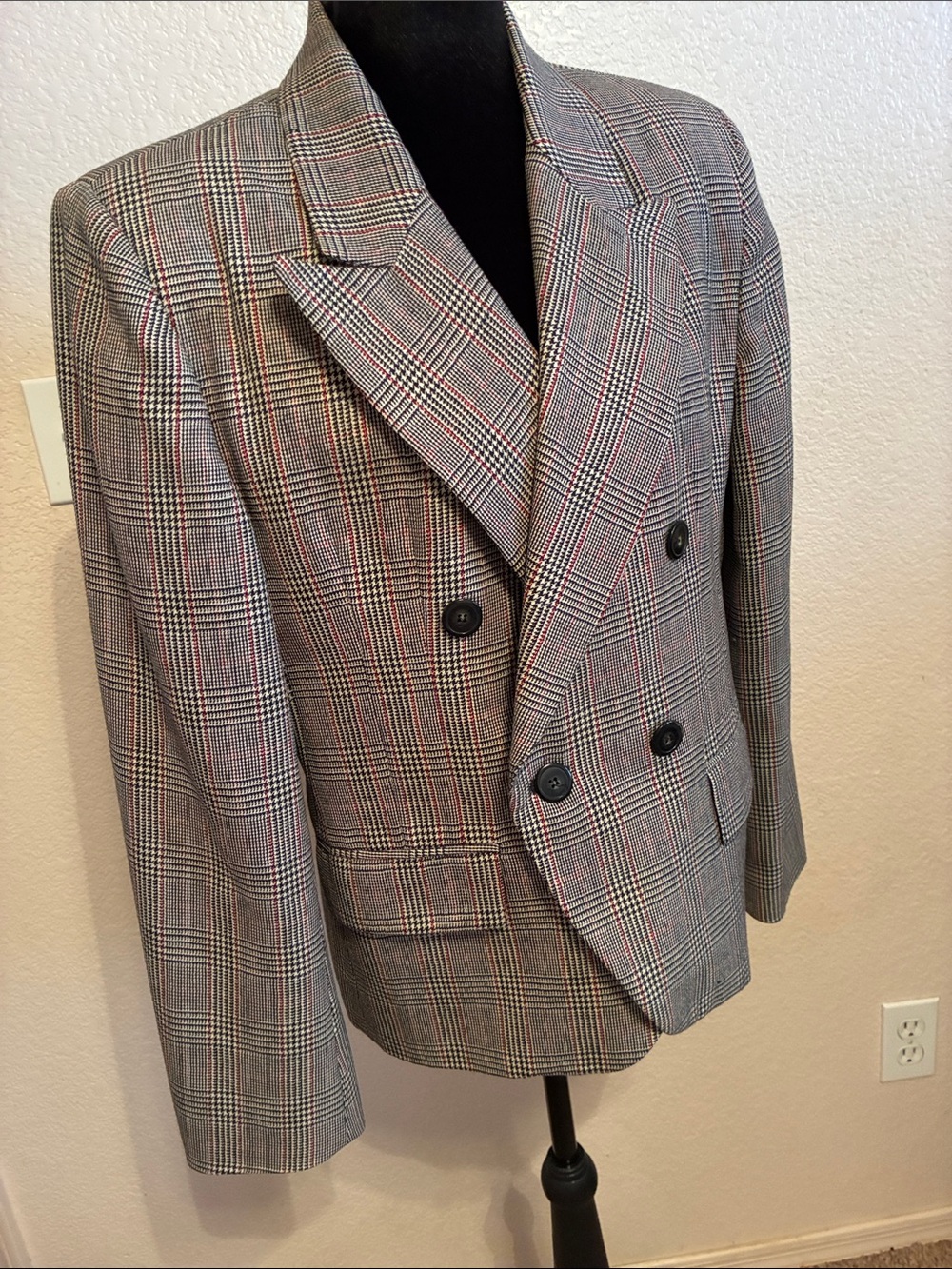 Rafaella Gray Glen Plaid Double-Breasted Blazer with Red Windowpane